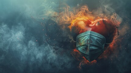 Abstract portrayal of a heart enveloped in a pollution mask, on a cardiovascular protection background, concept for protective measures against industrial pollution on heart health.