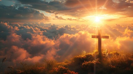 Holy cross the symbol of death and resurrection of Jesus Christ with dramatic sunset. - obrazy, fototapety, plakaty