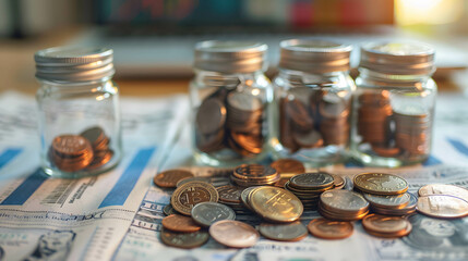 Coins into various investment jars with a blurred financial background, investment diversification strategies, portfolio management and asset allocation