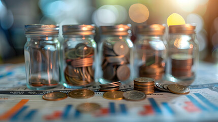 Coins into various investment jars with a blurred financial background, investment diversification strategies, portfolio management and asset allocation