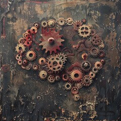 An innovative representation of a brain with industrial gears on an industrial design backdrop, promoting workplace health solutions.