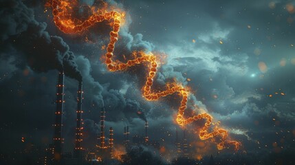 A sleek DNA helix coils elegantly around a factory chimney, symbolizing genetic health risk mitigation in industrial settings. - obrazy, fototapety, plakaty