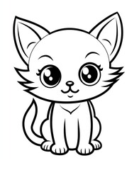 Obraz premium Isolated black outline cartoon sitting cat on white background. Curve lines. Page of coloring book.
