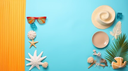 Top view of sunglasses, beach accessories, palm leaves, shells on a light blue background with a copy space. Summer, Travel, Vacation concepts. Flatlay, a horizontal platform for text and advertising.