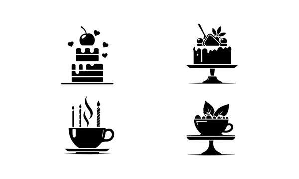 cake and strawbwerry silhouetts set in black and white , cake and strawbwerry silhouettes set ,cake and strawbwerry silhouette design 