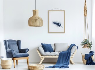 Blue armchair, wooden sofa and poster on white wall in cozy living room with hanging lamp and blue blanket