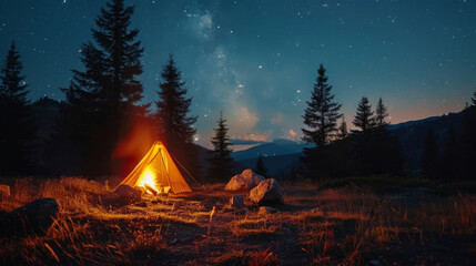 Tent glowing at night in a remote camping spot under a star-filled sky in the wilderness.
