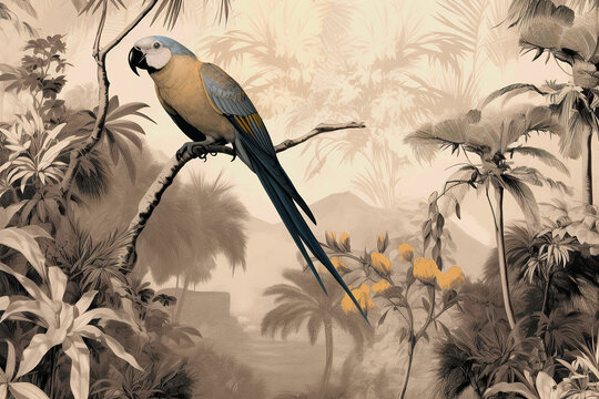 Parrot sitting on branches in a rainforest, vintage illustration on light brown background in boho style