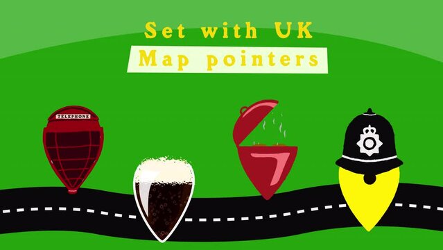 Animated map pointers on the theme of Great Britain. Ready-to-use elements on a transparent background.