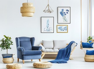 Blue armchair, wooden sofa and posters on the white wall in the living room with a hanging lamp and a blue blanket