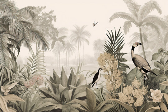 Rainforest landscape, vintage wallpaper on light brown background in boho style 