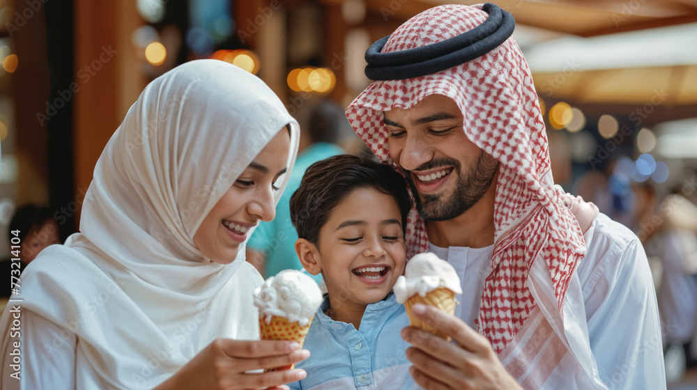 Wall mural portrait of cheerful family eating ice cream during vacation, generative ai