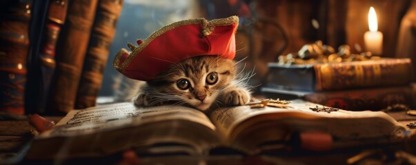 Fototapeta premium A kitten with a red pirate hat, nestled in an open treasure book in a dimly lit cabin