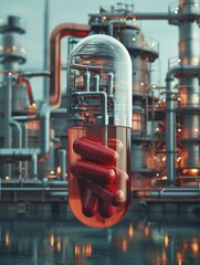 A unique artistic representation featuring a factory inside a pill capsule against a pharmaceutical manufacturing backdrop, symbolizing health product creation.