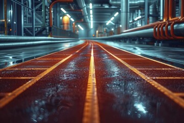 Stylized image of a running track winding through a factory, on an employee fitness background, concept for encouraging physical health in the manufacturing sector. - obrazy, fototapety, plakaty