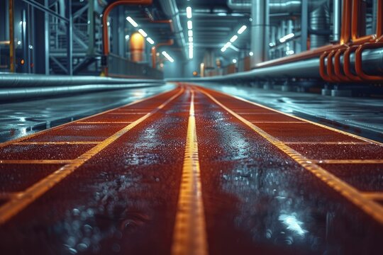 Stylized image of a running track winding through a factory, on an employee fitness background, concept for encouraging physical health in the manufacturing sector.