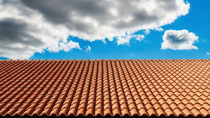 Clay tile roof. Close-up of an orange clay tile roof with a cloudy sky in the background