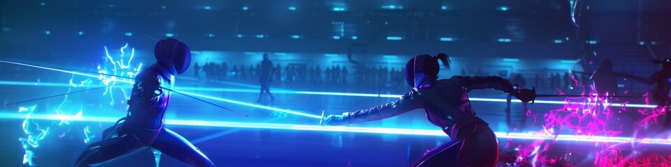 A neon-lit fencing match, with combatants in glowing suits and swords clashing, creating sparks of light in the dim arena