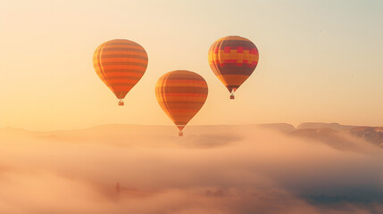 Explorez le ciel : ensemble vibrant et polyvalent de trois montgolfières flottant sur un fond transparent - obrazy, fototapety, plakaty