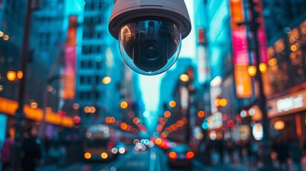 A focused view of a surveillance camera on a busy city street, face recognition software identifying pedestrians - obrazy, fototapety, plakaty