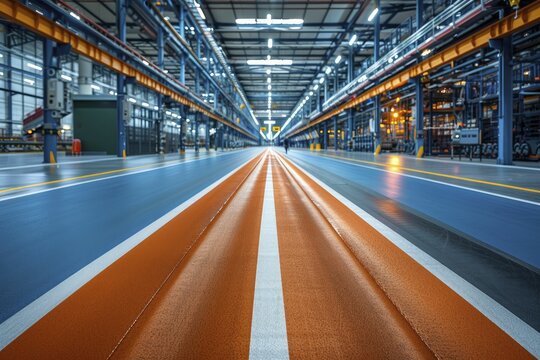 A factory's winding running track promotes physical health for manufacturing employees, emphasizing fitness in the workplace.