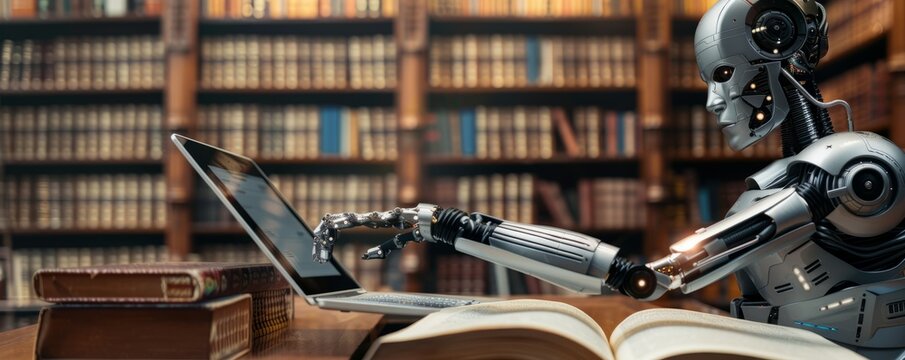 A robotic arm navigating a touch screen with legal astute icons, drafting AI legislation, in a well-lit office filled with law books and digital devices