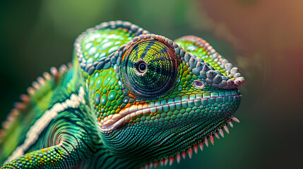 Fototapeta premium Green colored chameleon close up.&nbsp;