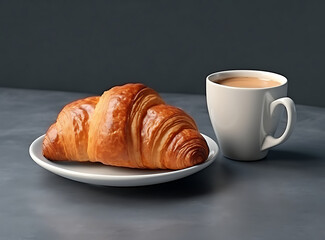 Freshly baked croissant paired with a cup of cappuccino on a minimalistic grey backdrop, a classic breakfast setup. Generative AI