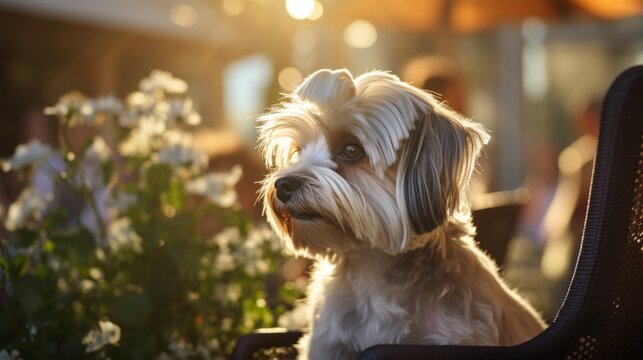 Charming little dog sitting and enjoying the sun on a wicker chair outdoors on a beautiful sunny day