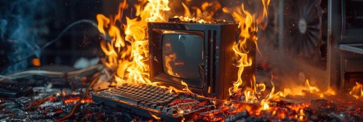 Aged computer succumbing to flames, the cost of relentless, long-term operation