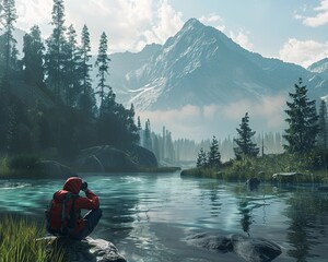 AI explorer in a serene mountain stream, wildlife watching with holographic binoculars