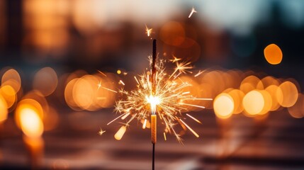 Burning sparkler on blurred night background with space for festive celebration text - obrazy, fototapety, plakaty