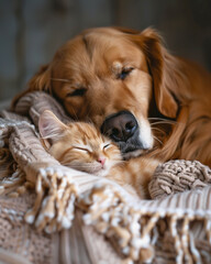 Best friends , a small young cute baby cat lies comfy next to a Golden Retriever.