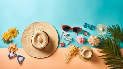 Top view of straw hats, sunglasses, beach accessories, palm leaves on a light blue background with a copy space. Summer, Travel, Vacation concepts. A horizontal platform for text and advertising.