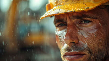 Close-up of a resolute construction worker's face, rain dripping over his safety helmet.