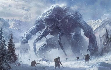 An alien behemoth towers over WWII troops, a snowy battle of worlds unfurls - obrazy, fototapety, plakaty