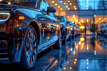Luxury car dealership: Premium black limousines in showcase - obrazy, fototapety, plakaty