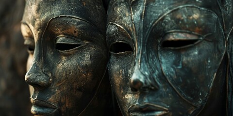 Interchanging ancient masks, the bearer engages in a silent narrative - obrazy, fototapety, plakaty