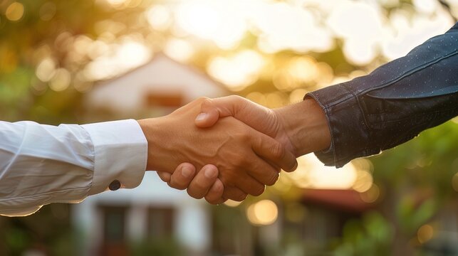 Handshake between a real estate agent and client with a new house in the background, symbolizing successful agreement closure