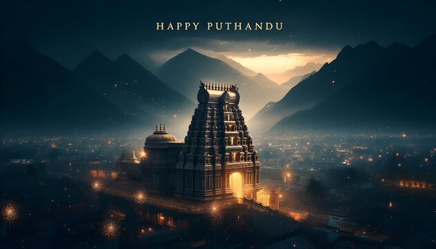 Realistic illustration of a traditional indian temple tower at dusk during puthandu celebration.