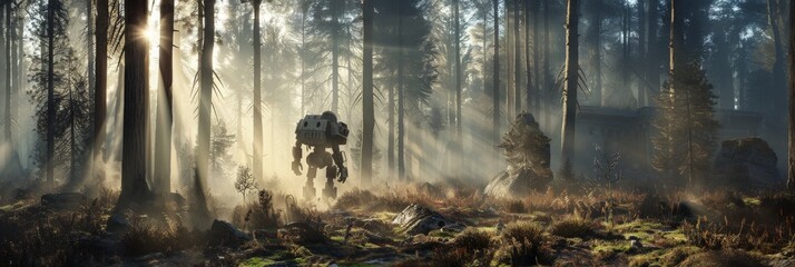 Robotic knight in a misty forest with rays of light piercing through, discovering an ancient ruin