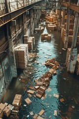 Overhead shot of a warehouse area, floodwaters brimming with scattered cardboard boxes, symbolizing logistic challenges - obrazy, fototapety, plakaty