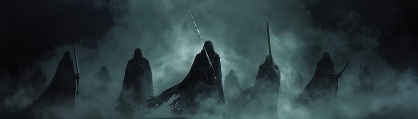The grim reapers convene, their dark silhouettes an omen amidst the spectral fog