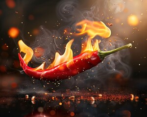 The burning fervor of spice captured in a single flaming chili pepper - obrazy, fototapety, plakaty