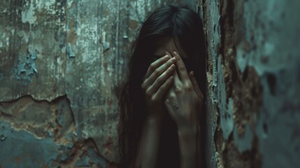 Tormented soul seeking solace, hiding behind her hands against a weathered wall