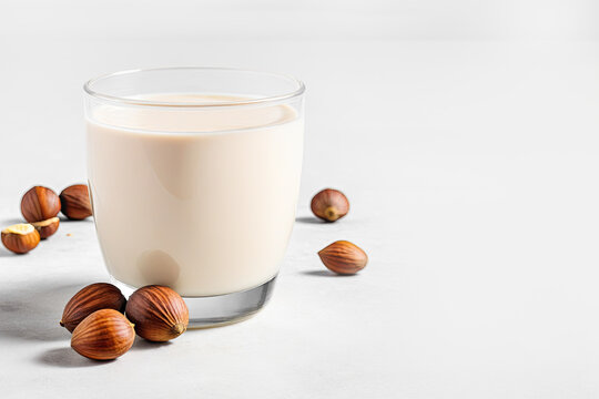 Nut milk is poured into a glass. Illustration on a light background with space for text