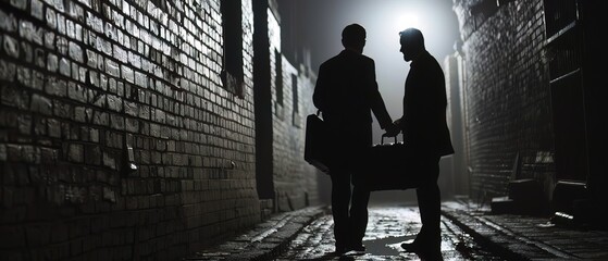 Shadowy figures exchanging briefcases in a dimly lit alley, symbolizing backdoor deals and political corruption - obrazy, fototapety, plakaty