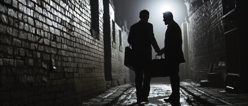 Shadowy figures exchanging briefcases in a dimly lit alley, symbolizing backdoor deals and political corruption