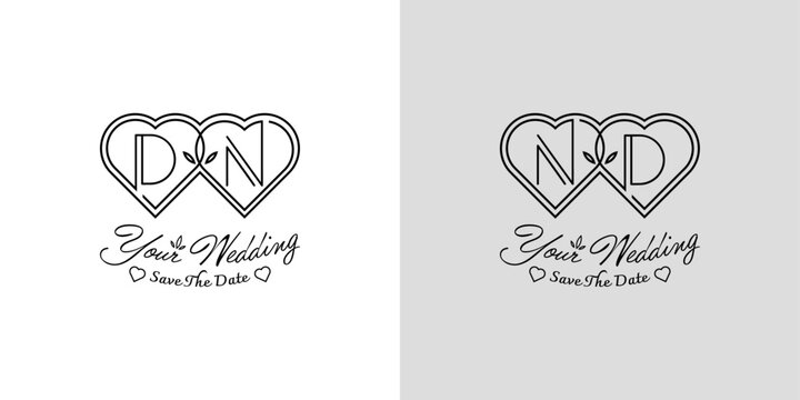Letters DN and ND Wedding Love Logo, for couples with D and N initials