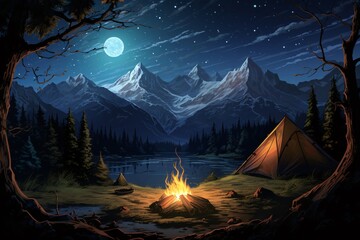 a campfire and a tent in a forest at night - obrazy, fototapety, plakaty